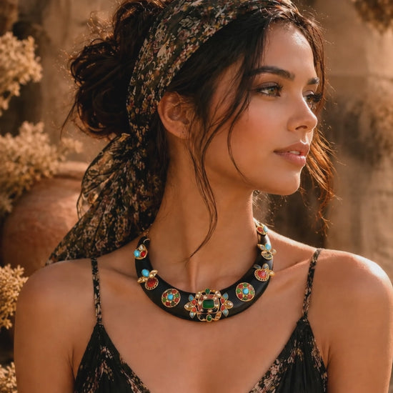 Designer acrylic necklace with colourful jadau pieces and traditional ethnic detailing in statement jewellery style