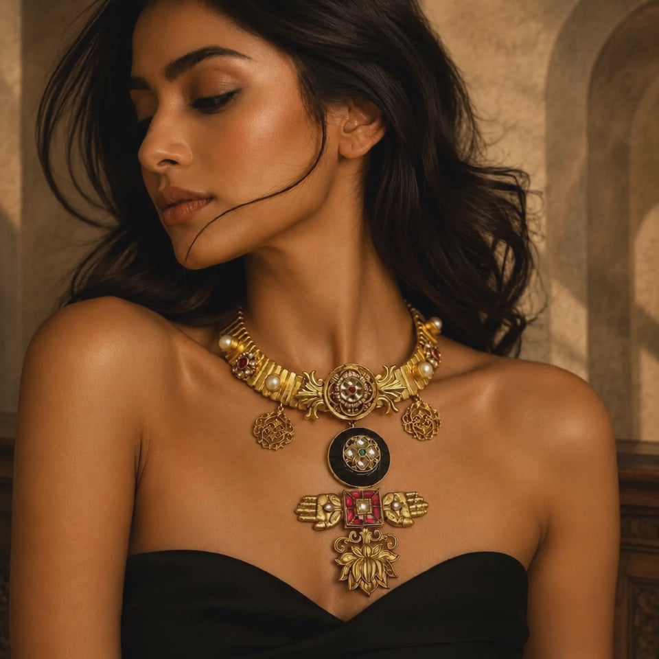 Designer gold necklace with kundan detailing, wooden accents, and traditional statement pendant design