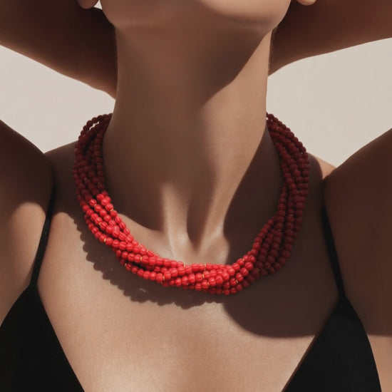 Elegant multi strand small coral beads necklace with handcrafted ethnic statement design