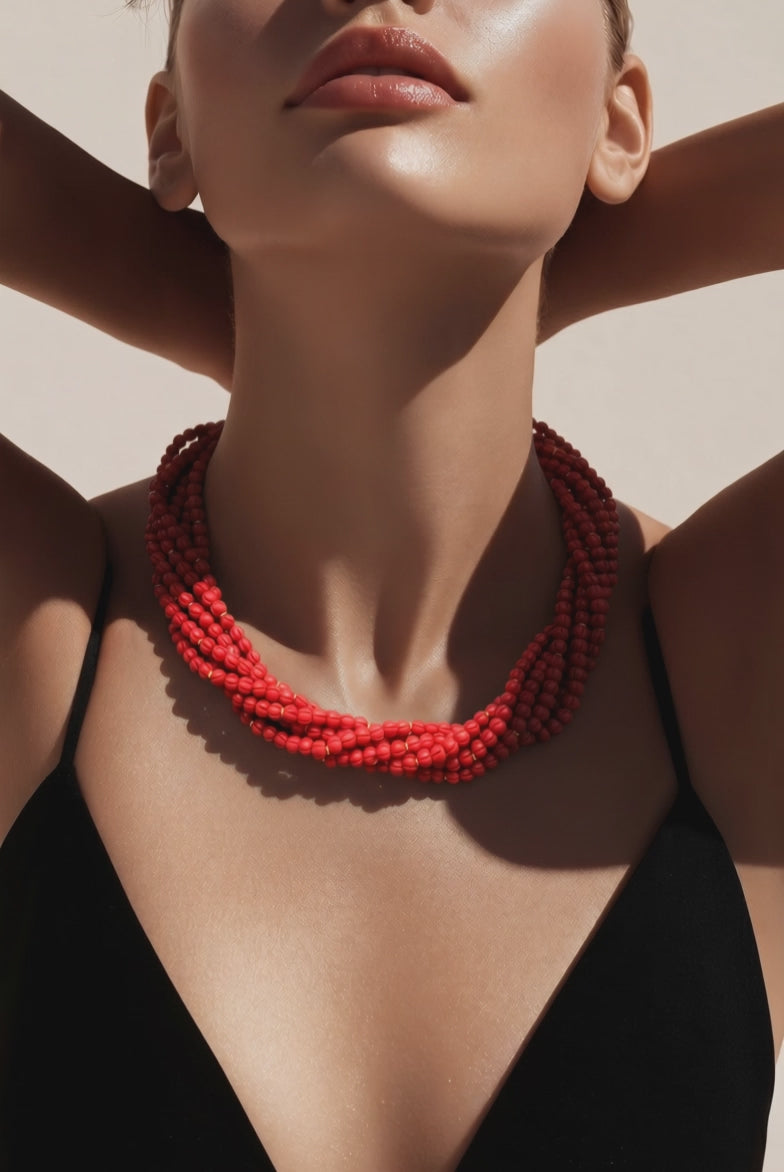 Elegant multi strand small coral beads necklace with handcrafted ethnic statement design