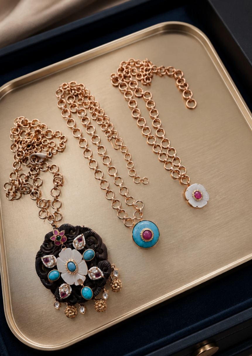 Handcrafted wooden base necklace with mother of pearl floral detailing, turquoise accents, and artistic ethnic statement design 3 sets neckpiece as layers or individually 