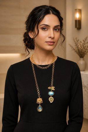 Designer wrap around necklace with labradorite stones and intricate gold lotus motif & seahorse motif in artistic kundan paisley drop ethnic style