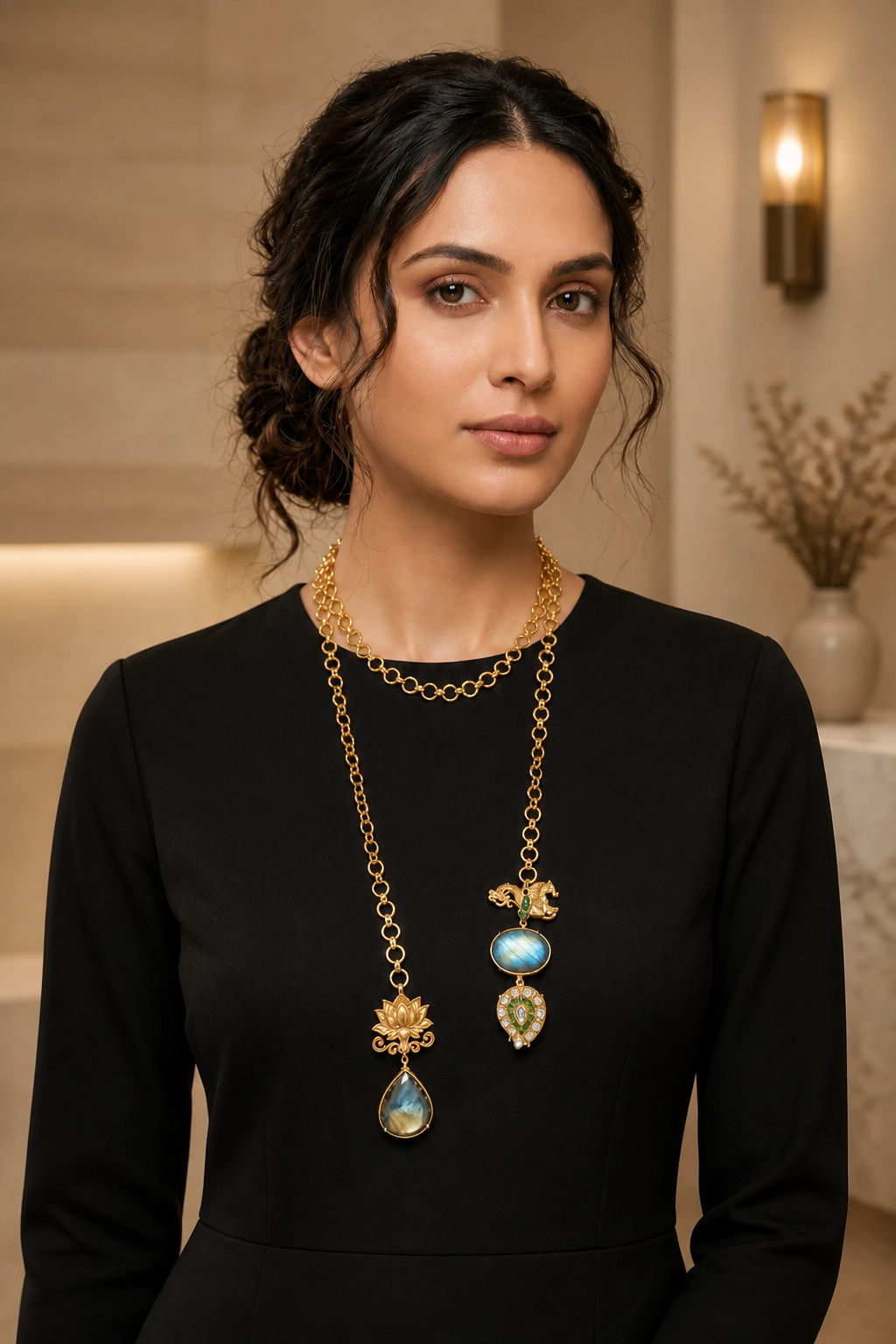 Designer wrap around necklace with labradorite stones and intricate gold lotus motif & seahorse motif in artistic kundan paisley drop ethnic style