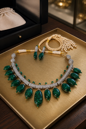 Luxury green tumble stone necklace with sparkling AD detailing and matching earrings in statement ethnic jewellery style