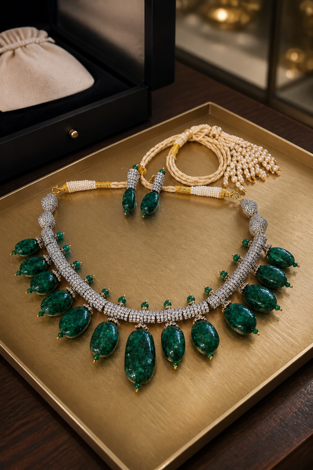 Luxury green tumble stone necklace with sparkling AD detailing and matching earrings in statement ethnic jewellery style