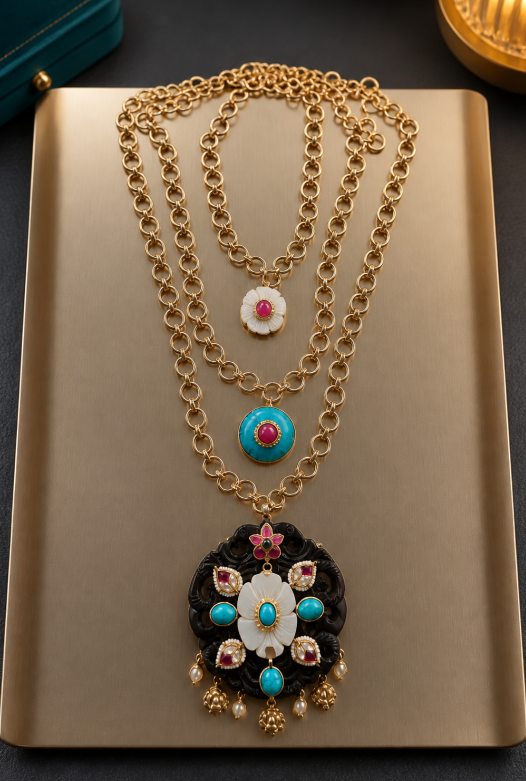 Handcrafted wooden base necklace with mother of pearl floral detailing, turquoise accents, and artistic ethnic statement design 3 sets neckpiece as layers or individually 