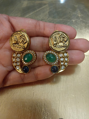 Tiger coin stud style earring with green & blue onyx