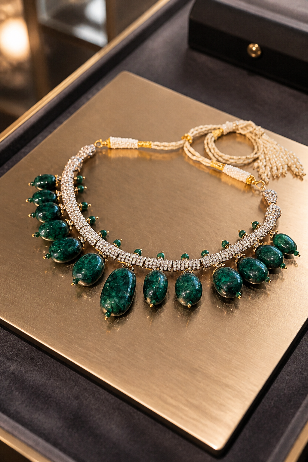 Luxury emerald and diamond necklace on a gold surface