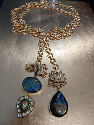 Designer wrap around necklace with labradorite stones and intricate gold lotus motif & seahorse motif in artistic kundan paisley drop ethnic style