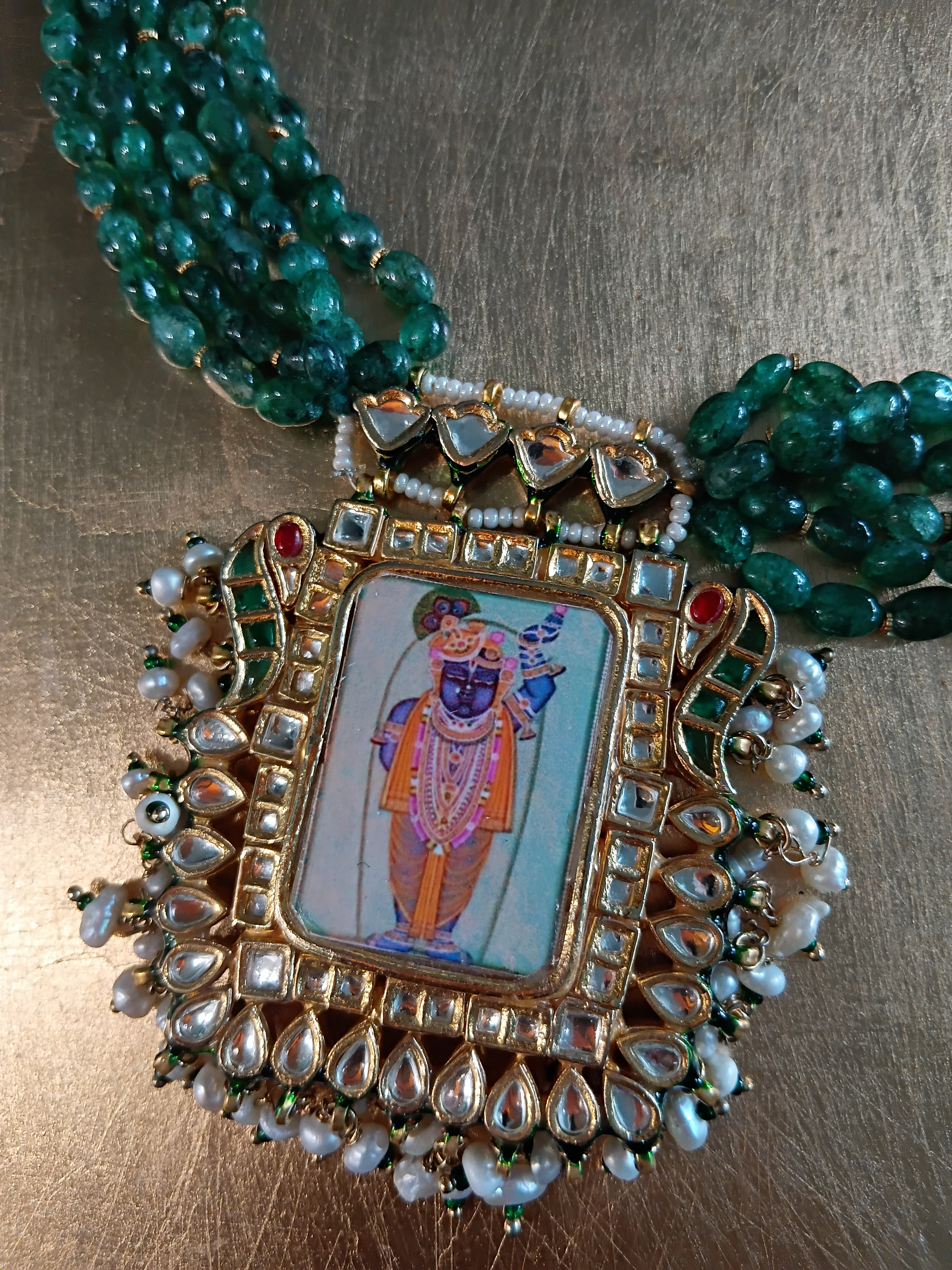 Balaji Frame pendant necklace with layered green aventurine beads 
