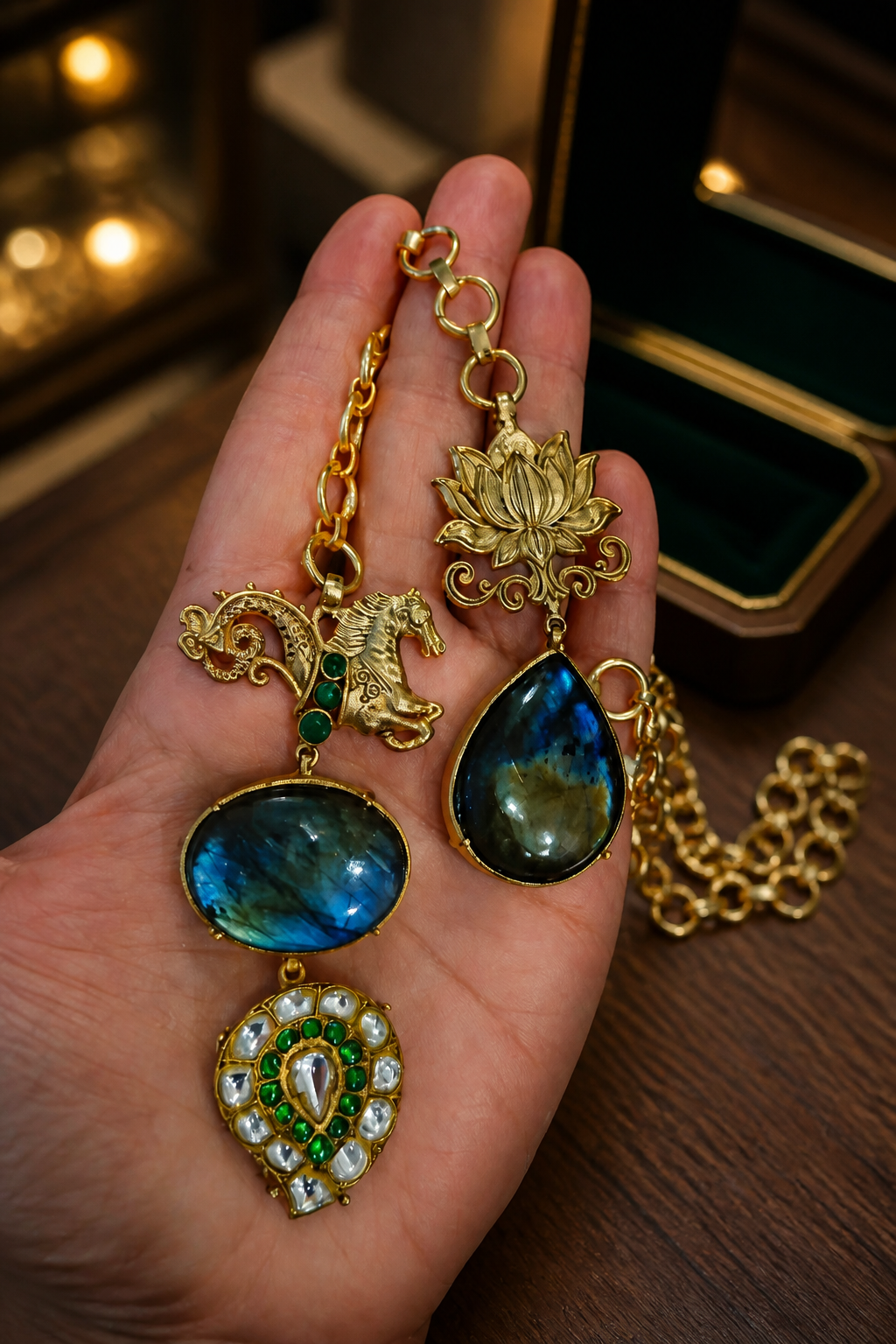 Designer wrap around necklace with labradorite stones and intricate gold lotus motif & seahorse motif in artistic kundan paisley drop ethnic style