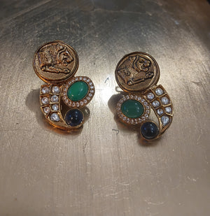 Tiger coin studs earring with green & blue onyx