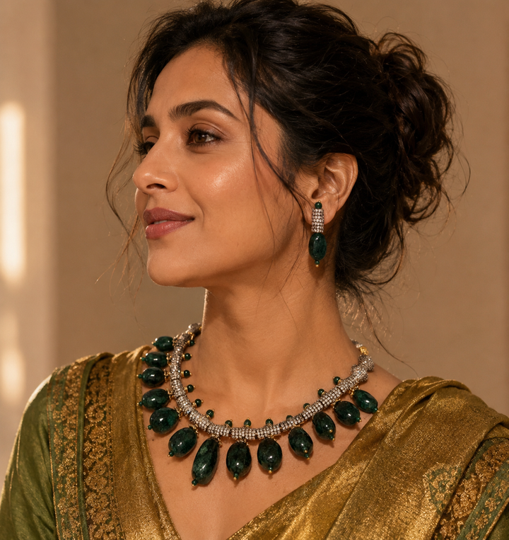 Luxury green tumble stone necklace with sparkling AD detailing and matching earrings in statement ethnic jewellery style
